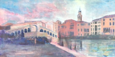 Картина под названием "Rialto Bridge at Du…" - Sandra Haney, Подлинное произведение искусства, Масло Установлен на Деревянна…