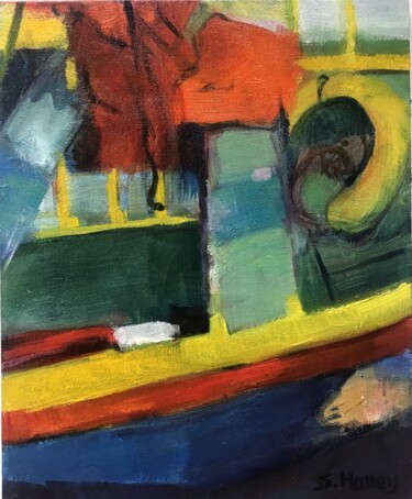 Картина под названием "In the Boat" - Sandra Haney, Подлинное произведение искусства, Масло Установлен на Деревянная панель