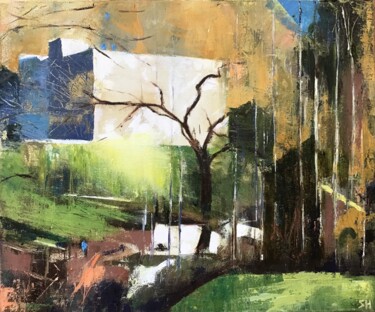 Schilderij getiteld "At the Pond" door Sandra Haney, Origineel Kunstwerk, Olie Gemonteerd op Frame voor houten brancard