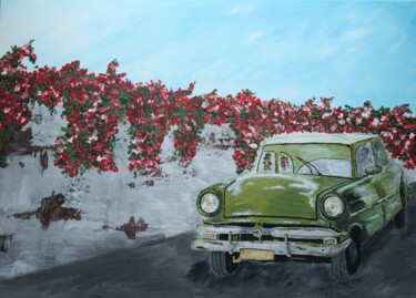 Painting titled "Voiture ancienne" by Sandra Herrlich, Original Artwork, Acrylic Mounted on Wood Stretcher frame