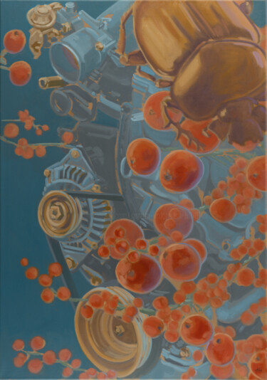 Schilderij getiteld "Maschine und rote B…" door Sandra Kolondam, Origineel Kunstwerk, Olie Gemonteerd op Frame voor houten b…