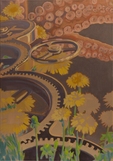 Painting titled "Oktopus und Zahnräd…" by Sandra Kolondam, Original Artwork, Oil Mounted on Wood Stretcher frame