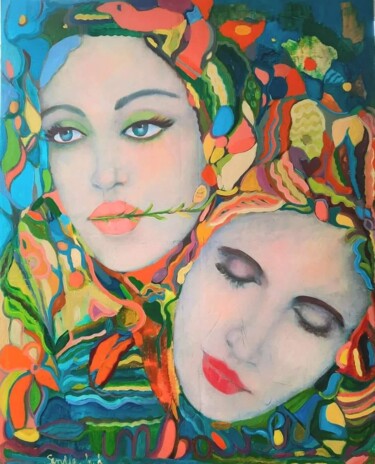 Malerei mit dem Titel "Plusieurs visages" von Sandra Land, Original-Kunstwerk, Öl Auf Keilrahmen aus Holz montiert