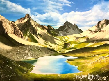 Painting titled "Montagne vallée des…" by Sandra Llorca, Original Artwork, Oil Mounted on Wood Stretcher frame