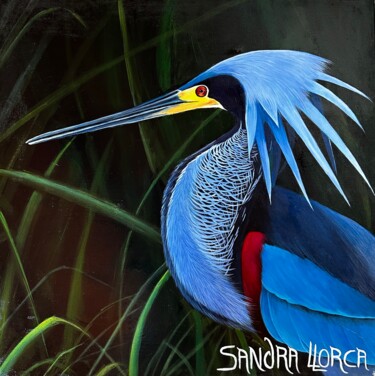 Painting titled "Héron Agami" by Sandra Llorca, Original Artwork, Acrylic Mounted on Wood Stretcher frame