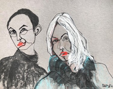 Zeichnungen mit dem Titel "copines" von Sandra Ludwig, Original-Kunstwerk, Tinte