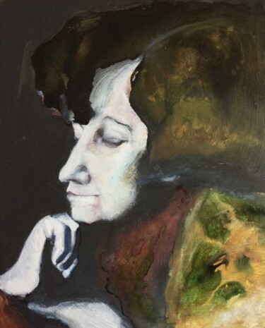 Malerei mit dem Titel "Colette with hand u…" von Sandra Ludwig, Original-Kunstwerk, Aquarell Auf Holzplatte montiert