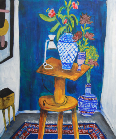 Peinture intitulée "La sellette au vase…" par Sandra Paris, Œuvre d'art originale, Acrylique