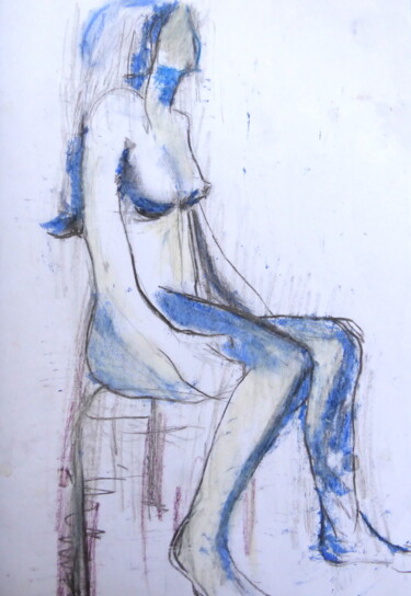 Drawing titled "Nu bleu assis" by Sandra Pohin, Original Artwork, Pastel