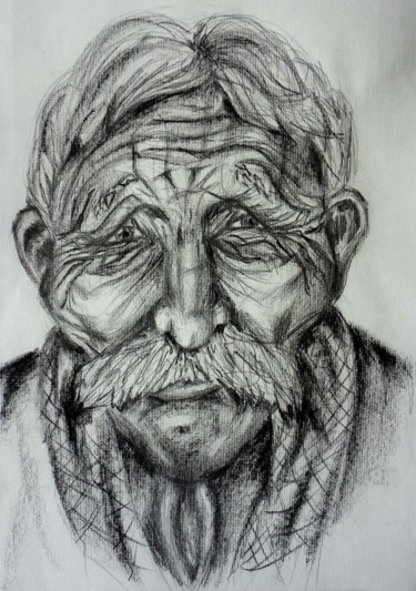 Zeichnungen mit dem Titel "Old Man Romania.jpg" von Sandra Schacherl, Original-Kunstwerk, Kohle
