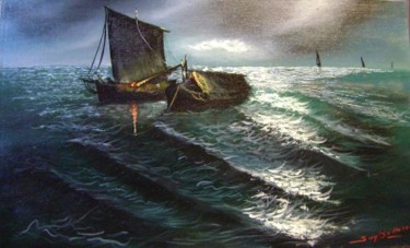 Painting titled "Oscuridad en el mar" by Sandra Belluzzo, Original Artwork, Oil