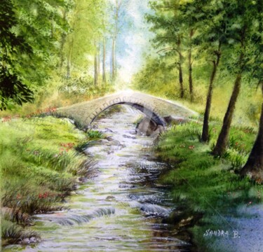 Pintura intitulada "Petit pont sylvestre" por Sandra B., Obras de arte originais, Aquarela