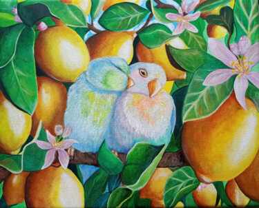 Картина под названием "The kiss. Parrots i…" - Sandraeva, Подлинное произведение искусства, Акрил Установлен на Деревянная р…
