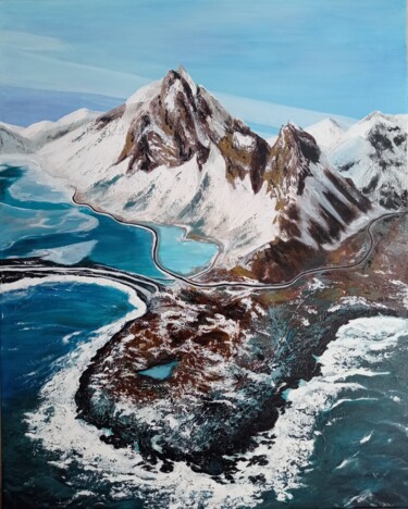 Painting titled "Mountains and sea.…" by Sandraeva, Original Artwork, Acrylic Mounted on Wood Stretcher frame