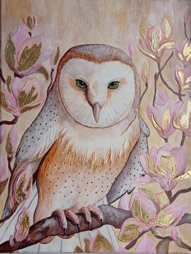 Painting titled "Gold owl. Wisdom to…" by Sandraeva, Original Artwork, Acrylic Mounted on Wood Stretcher frame
