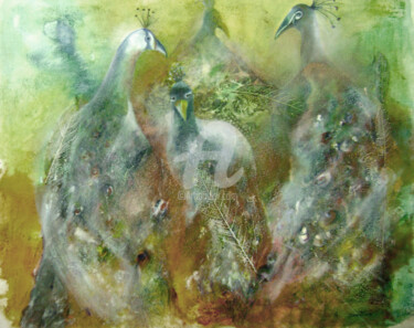 Painting titled "Encontro de Pavões" by Sandra Filardi, Original Artwork, Oil