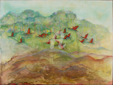 Pintura intitulada "Revoada de Guarás V…" por Sandra Filardi, Obras de arte originais, Óleo