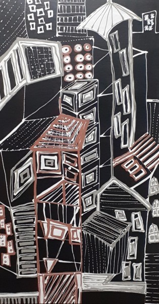 Peinture intitulée "Urban City" par Sandra Goes, Œuvre d'art originale, Encre Monté sur Panneau de bois