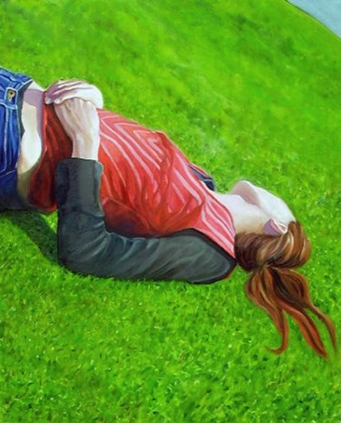 Schilderij getiteld "Ik in het gras" door Sm-Artworks, Origineel Kunstwerk, Olie