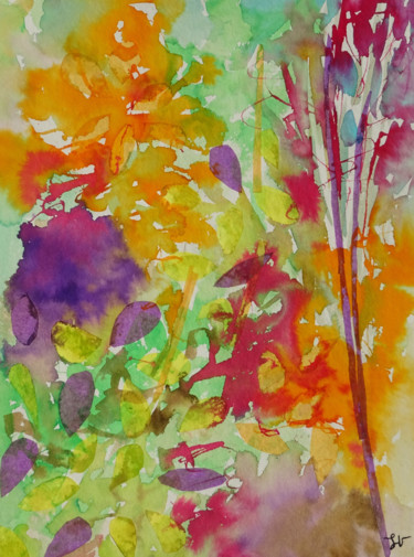 Peinture intitulée "Pluie de feuilles" par Sandra Vigouroux, Œuvre d'art originale, Aquarelle