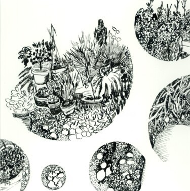 Σχέδιο με τίτλο "Pots et plantes" από Sandra Vigouroux, Αυθεντικά έργα τέχνης, Μελάνι