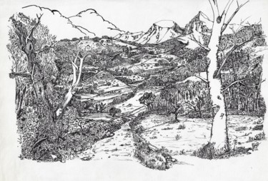 Drawing titled "Alpes en détail" by Fred Armanet, Original Artwork, Ink