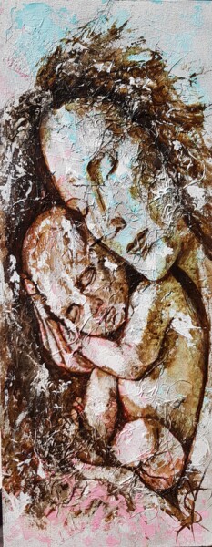 Peinture intitulée "La mère et l' enfant" par Sandrine Demailly, Œuvre d'art originale, Encre Monté sur Châssis en bois