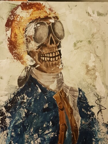 Painting titled "Motoskull" by Sandrine Demailly, Original Artwork, Ink Mounted on Wood Panel