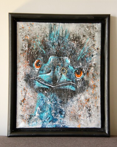 Painting titled "L autruche bleue" by Sandrine Demailly, Original Artwork, Ink Mounted on Wood Stretcher frame