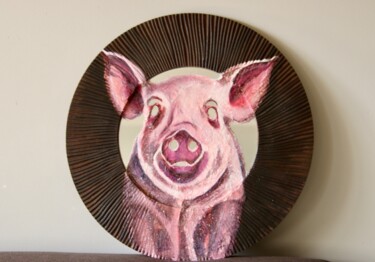 Painting titled "Cochon sur miroir" by Sandrine Demailly, Original Artwork, Acrylic Mounted on Wood Panel