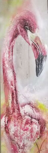 Painting titled "Le flamant rose" by Sandrine Demailly, Original Artwork, Ink Mounted on Wood Panel