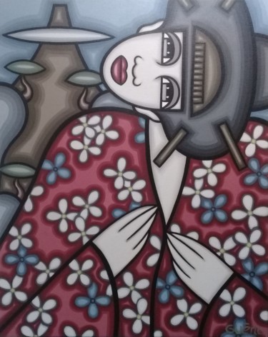 Painting titled "Kimono et mont Fuji" by Guena, Original Artwork, Acrylic