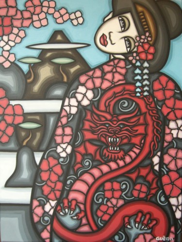 Peinture intitulée "Kimono au dragon" par Guena, Œuvre d'art originale, Acrylique