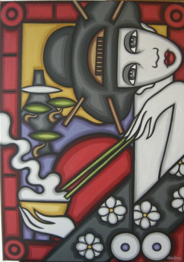 Malerei mit dem Titel "Kimono fleuri pour…" von Guena, Original-Kunstwerk, Acryl