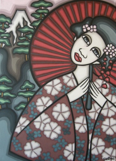 Painting titled "Kimono, ombrelle et…" by Guena, Original Artwork, Acrylic