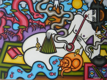 Malerei mit dem Titel "La fumeuse d'opium" von Guena, Original-Kunstwerk, Acryl