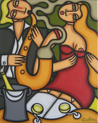 Peinture intitulée "Saxo et champagne" par Guena, Œuvre d'art originale, Acrylique