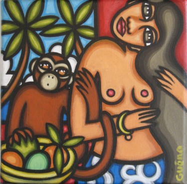 Peinture intitulée "Tahitienne au singe" par Guena, Œuvre d'art originale, Acrylique