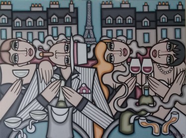 Peinture intitulée "Bistro parisien" par Guena, Œuvre d'art originale, Acrylique