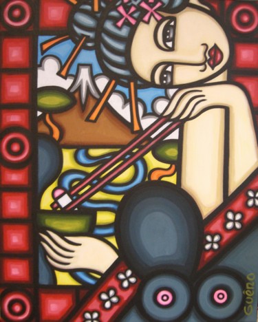 Painting titled "Geisha au sushi" by Guena, Original Artwork, Acrylic