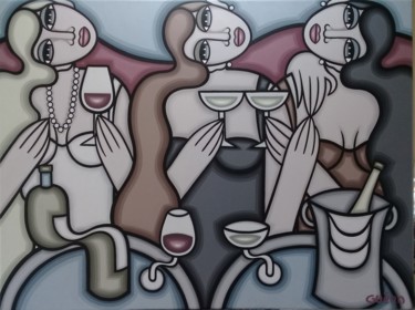 Painting titled "Une soirée féminine" by Guena, Original Artwork, Acrylic Mounted on Wood Stretcher frame