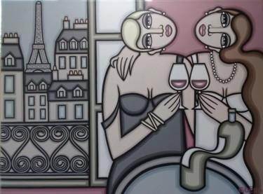 Painting titled "Bordeaux pour deux…" by Guena, Original Artwork, Acrylic Mounted on Wood Stretcher frame
