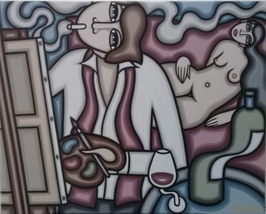 Картина под названием "Le peintre et son m…" - Guena, Подлинное произведение искусства, Акрил Установлен на Деревянная рама…