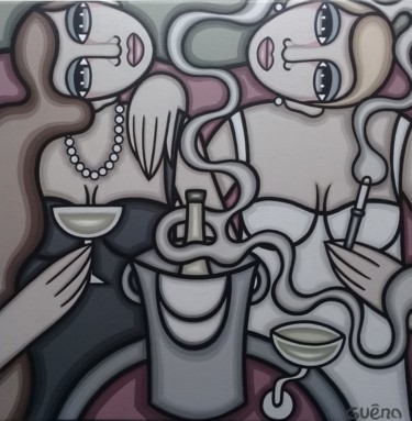 Painting titled "Femmes champagne 2" by Guena, Original Artwork, Acrylic Mounted on Wood Stretcher frame