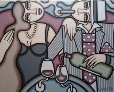 Bordeaux, cigare et cravate Peinture intitulée "Bordeaux, cigare et…" par Guena, Œuvre d'art originale, Acrylique Monté sur Châssis