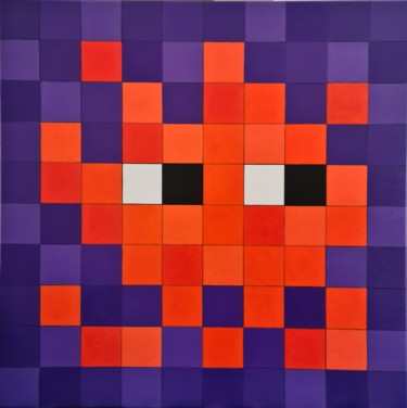 Malerei mit dem Titel "Space Invader Orange" von Guena, Original-Kunstwerk, Acryl Auf Keilrahmen aus Holz montiert