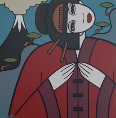 Painting titled "Kimono et mont Fuji…" by Guena, Original Artwork, Acrylic Mounted on Wood Stretcher frame