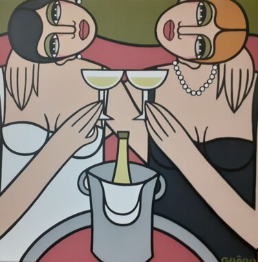 Painting titled "Femmes champagne 1" by Guena, Original Artwork, Acrylic Mounted on Wood Stretcher frame