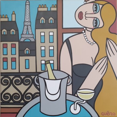 Painting titled "Paris, champagne et…" by Guena, Original Artwork, Acrylic Mounted on Wood Stretcher frame