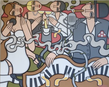 Pittura intitolato "Piano-bar et cigare" da Guena, Opera d'arte originale, Acrilico Montato su Telaio per barella in legno